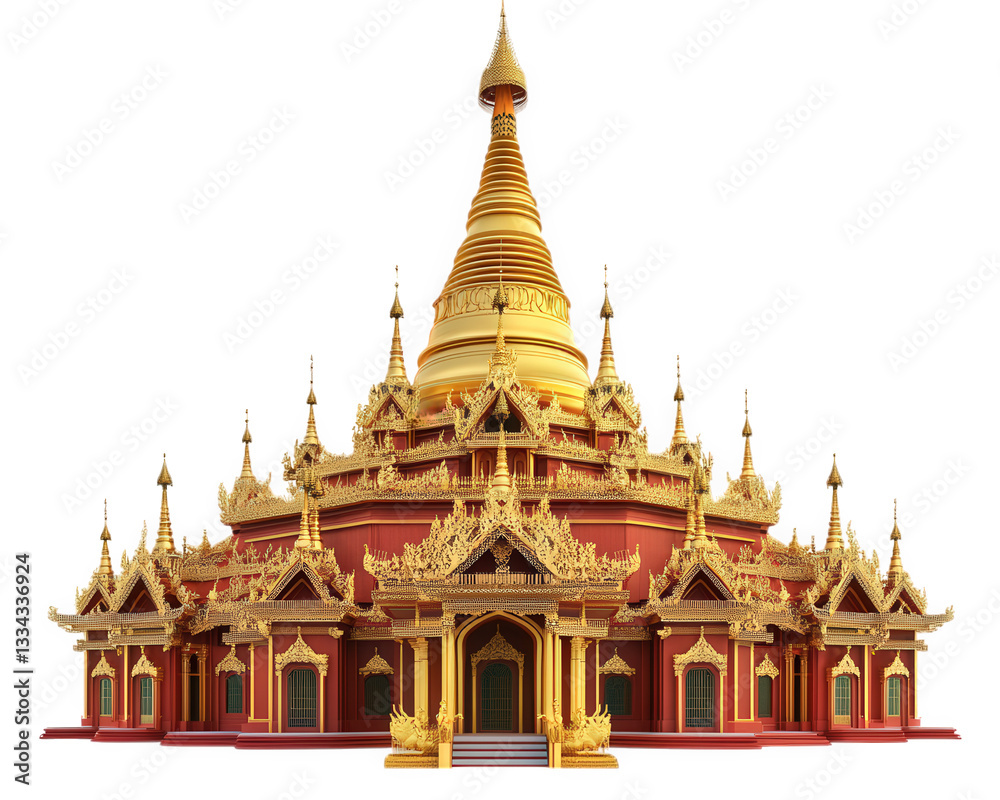 Fototapeta premium grand Burmese style pagoda featuring ornate golden dome and intricate architectural details, showcasing cultural heritage and artistry