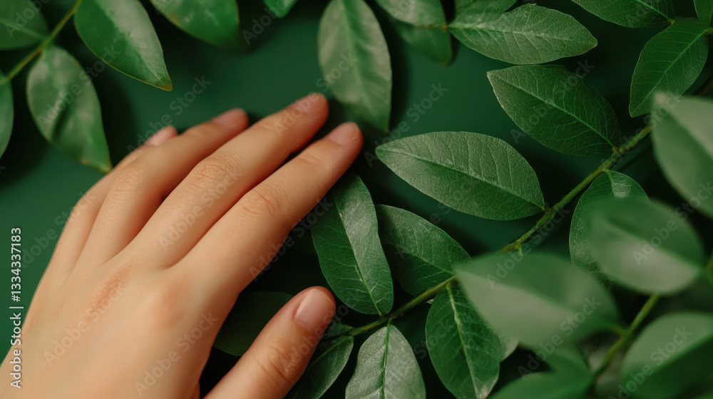 Hand touching fresh green leaves on plant, symbolizing nature Hand touching fresh green leaves on plant, symbolizing nature