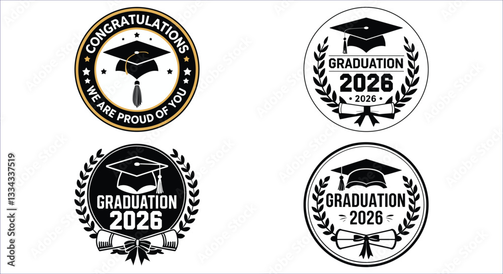 Obraz premium Circular graduation logo with diploma hat and stars design. Congratulatory graduation 2026 logo. Graduation cap and scroll emblem for class of 2026. Congratulatory graduation stamp with cap and diplo