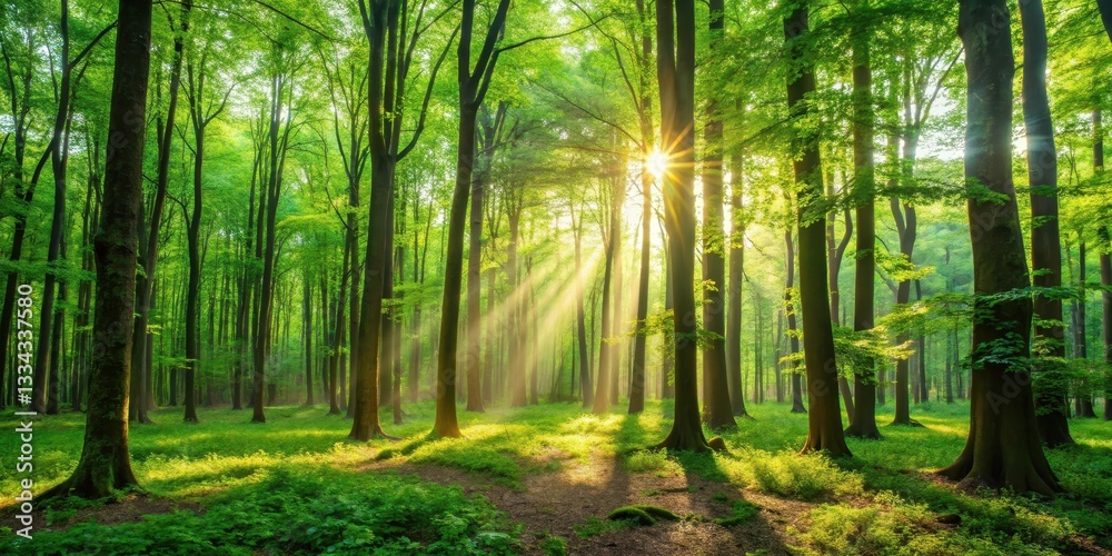 Naklejka premium A serene forest with tall trees enveloped in fresh greenery and sunlight filtering through the leaves