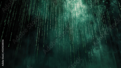 Abstract digital rain background with matrix style code falling down a dark forest creating a virtual reality environment in dark green color tone