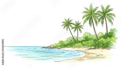 Tropical beach illustration in watercolor style, palm trees turquoise water and sandy shore, serene coastal landscape with lush green vegetation. 