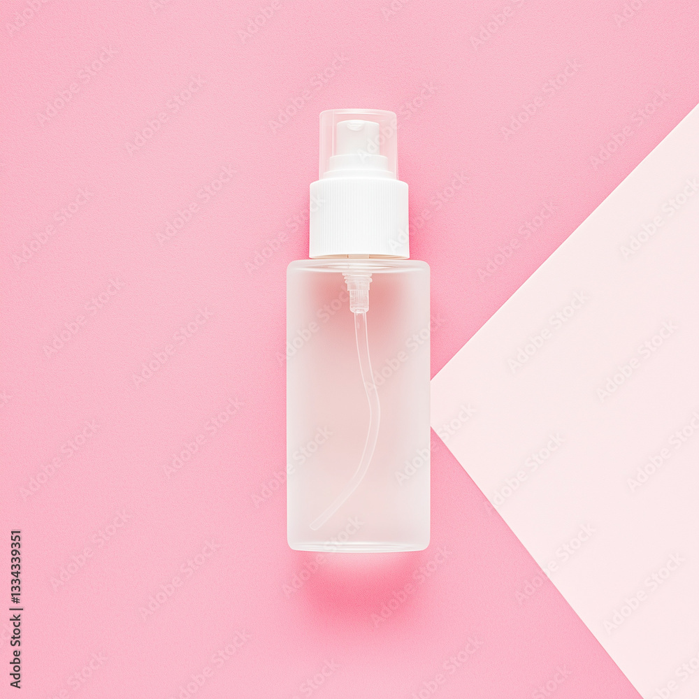 Mockup of a transparent cosmetic spray bottle on a pink background
Mockup of a transparent cosmetic spray bottle on a pink background