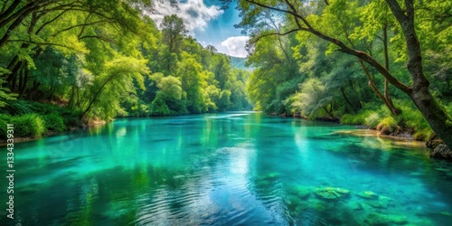 Tranquil turquoise river flowing through a lush forest on Summer Solstice Day, nature