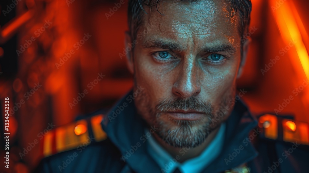 A Clean Shaven Man in a Pilot Uniform Standing on a Dark Coral Background A Clean Shaven Man in a Pilot Uniform Standing on a Dark Coral Background