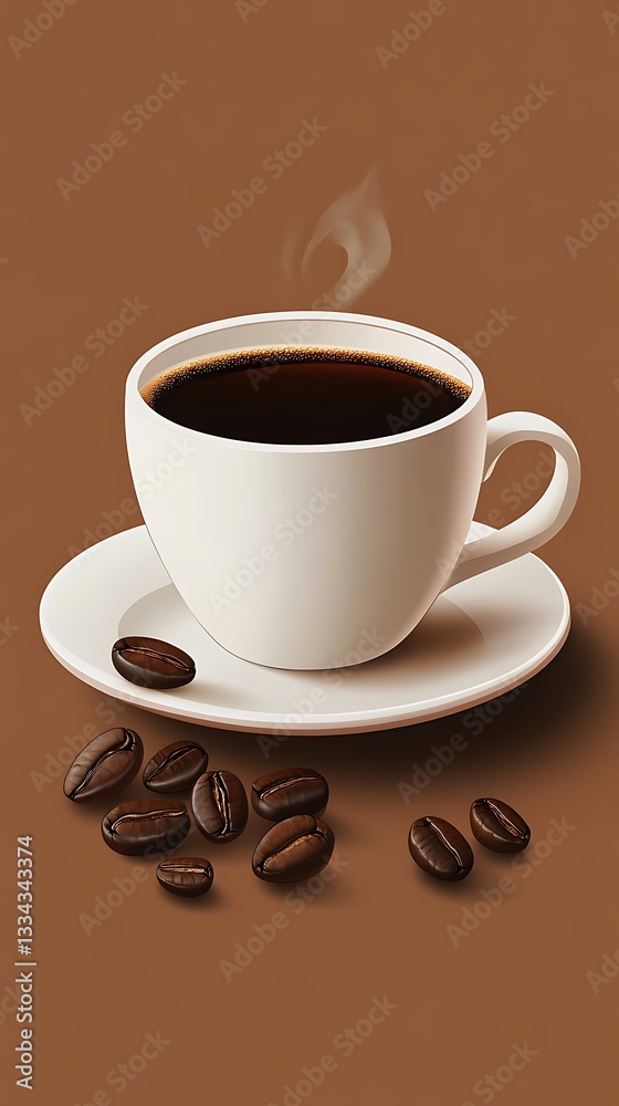 Obraz premium A steaming cup of coffee with coffee beans on a saucer, set against a brown background.