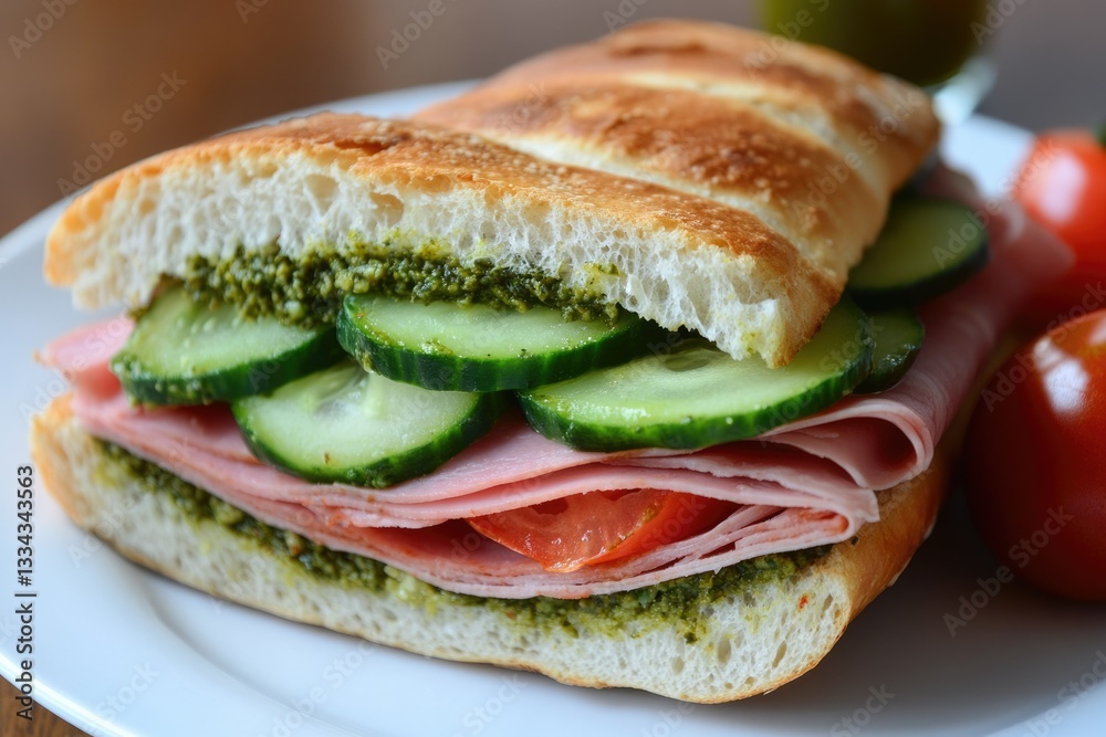 Foccacia Delight: Hearty Sandwich with Fresh Ham, Pesto, Cucumber, and Tomato Salad on Rustic Bread Foccacia Delight: Hearty Sandwich with Fresh Ham, Pesto, Cucumber, and Tomato Salad on Rustic Bread