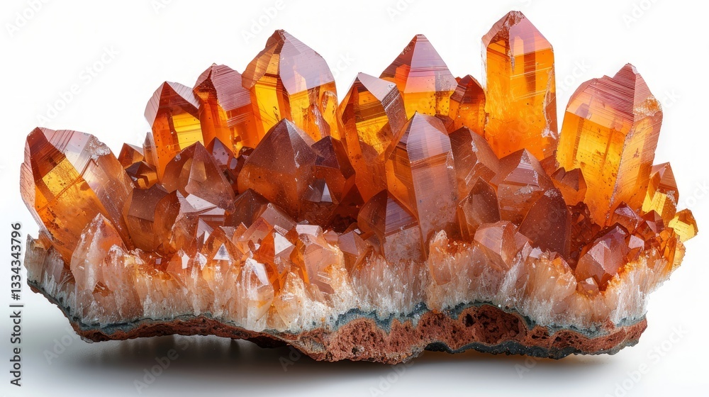 Fototapeta premium A mesmerizing close-up studio shot showcasing a cluster of vibrant orange citrine quartz crystals with sharp pointed facets and a textured earthy base isolated against a clean white background