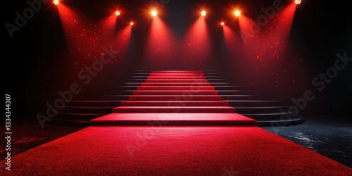 Elegant red carpet entrance with spotlight illumination in a dark venue, inviting guests to a prestigious event or ceremony