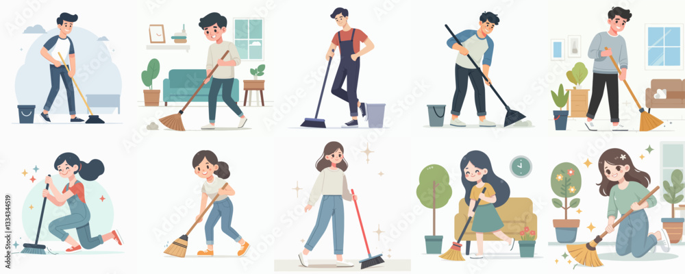 Vector collection of Men and women sweeping the floor Vector collection of Men and women sweeping the floor