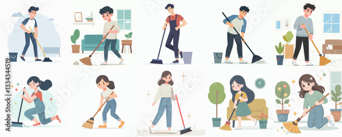 Vector collection of Men and women sweeping the floor