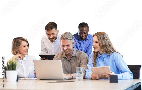 Five business professionals using laptop on desk discussing strategy company on a transparent background