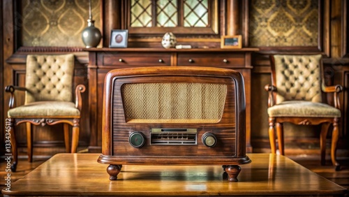 Old vintage radio set on wooden table, antique furniture, classic style