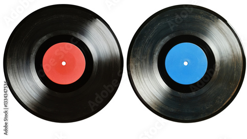 Two vinyl records with red and blue labels on transparent background