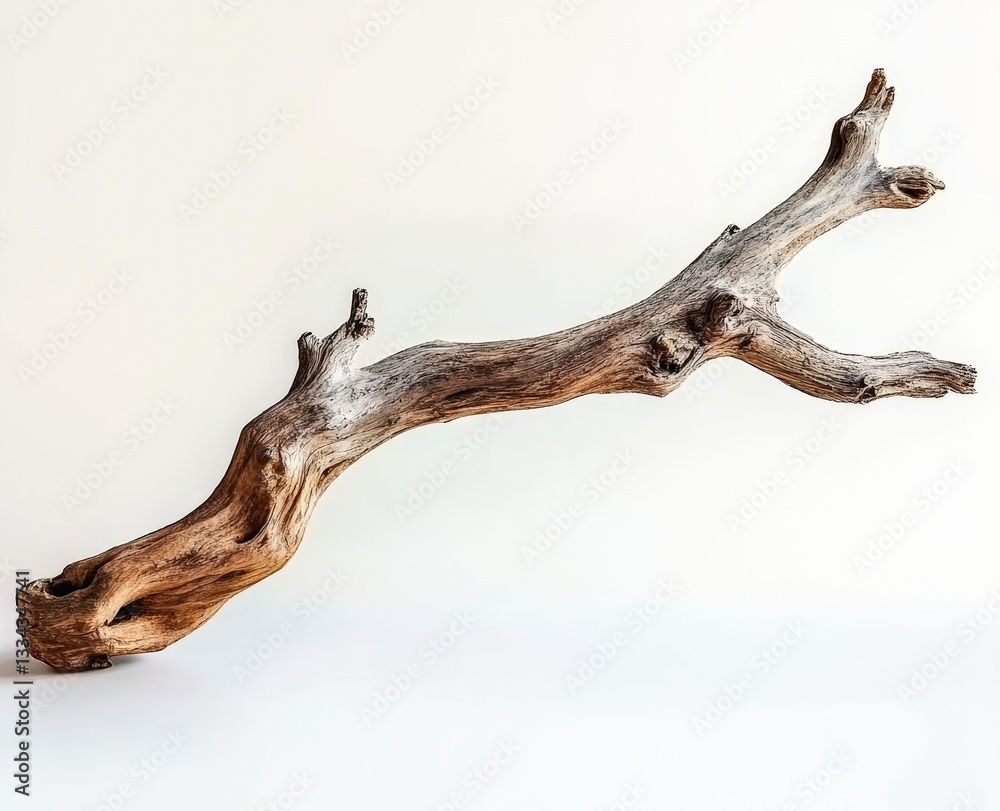 Fototapeta premium Driftwood branch lying on a white background in a studio setting