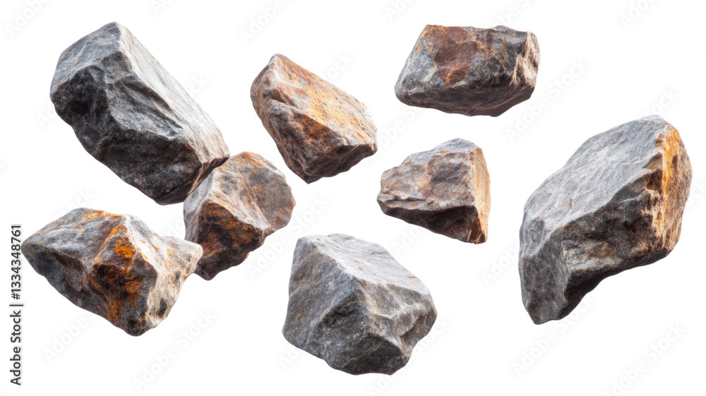 Set of falling grey and brown rocks isolated on transparent background Set of falling grey and brown rocks isolated on transparent background
