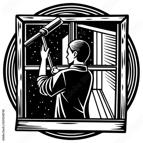 Person cleaning a window with a squeegee at night