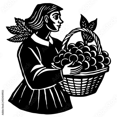 Person holding a basket of fruit in a black and white illustration