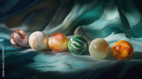 A still life of elegantly arranged colorful marbles with subtle imperfections, resting on a seamless matte surface. The lighting is moody and dramatic, highlighting the variations in color and mater