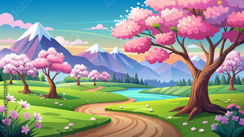 Beautiful spring landscape with blossoming trees