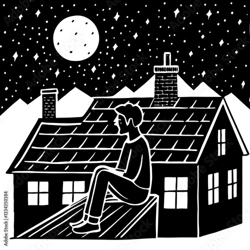 Person sitting on a rooftop at night contemplating under the moon