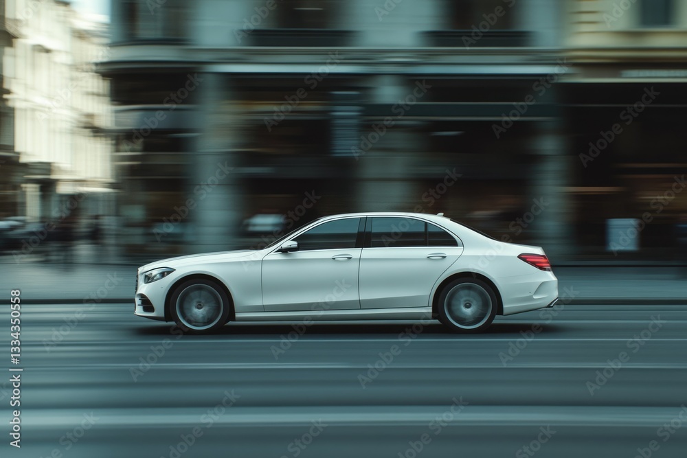 Sleek White Sedan on Urban Street: A Side View of Modern Transport in a Quiet City Setting Sleek White Sedan on Urban Street: A Side View of Modern Transport in a Quiet City Setting