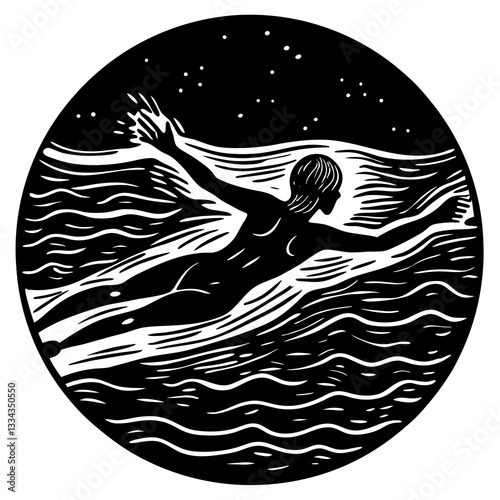 Person swimming in waves under a night sky