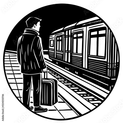 Person waiting for a train in a black and white illustration