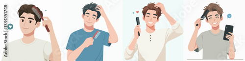 Vector collection of Men and women combing hair