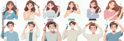 Vector collection of Men and women combing hair