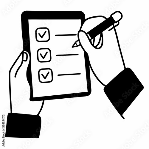 line art of hands filling clipboard with check mark, drawing. isolated on white background