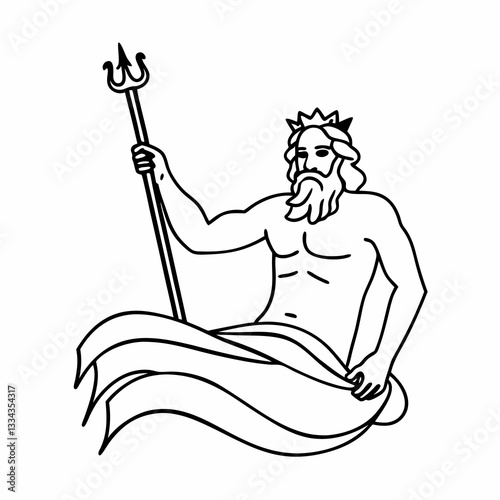 line art of Neptune god, drawing, isolated on white background