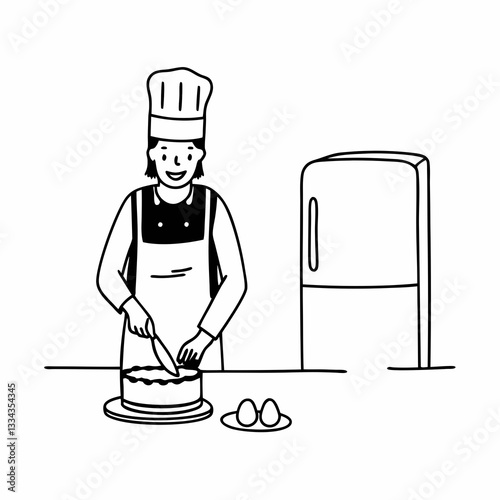 line art of a female baker making cake, drawing, isolated on white background