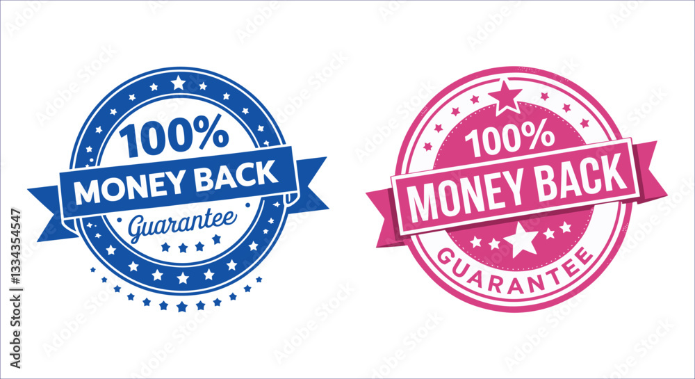 Obraz premium 100% money back guaranteed stamp badge vector design. Circular money back guaranteed badge vector. 100% money back guaranteed vector badge with ribbon and stars. Certified money back guaranteed badge