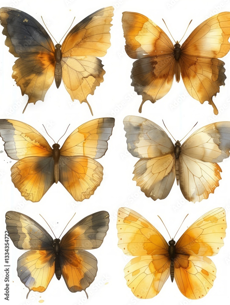 Obraz premium A set of six beautifully painted butterflies showcasing delicate wings and bodies in watercolor washes of yellow, orange, brown and grey on white paper