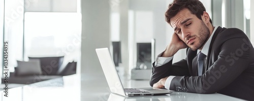 A tired businessman is sitting at a desk near a laptop