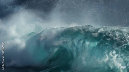 A close-up of the rolling huge waves of the sea in high definition, presenting a stunning and shocking scene in the video.