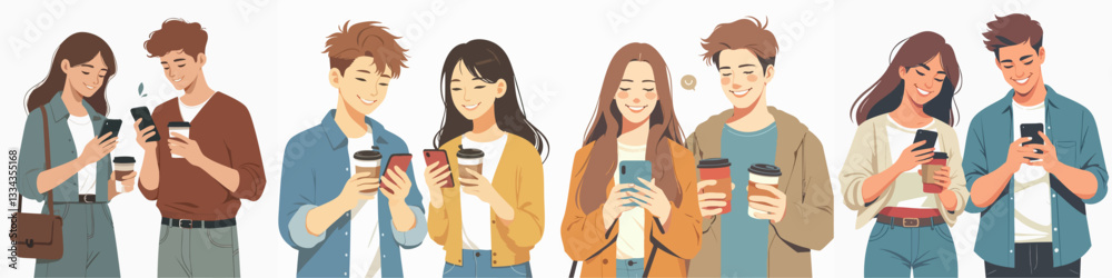 Vector collection of Men and women walking with a cup of coffee and looking at a cellphone Vector collection of Men and women walking with a cup of coffee and looking at a cellphone