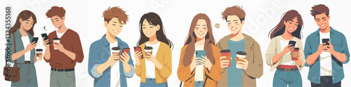 Vector collection of Men and women walking with a cup of coffee and looking at a cellphone