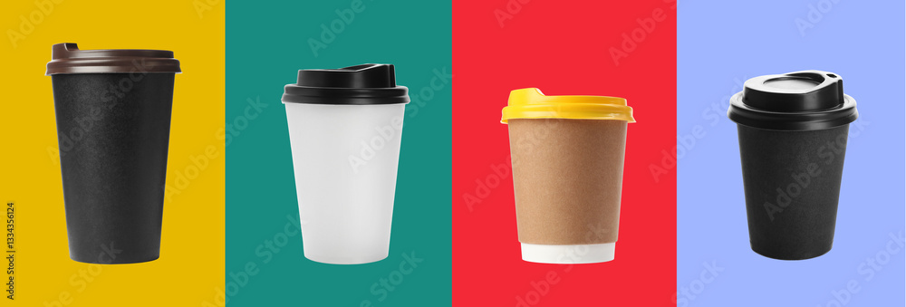 Different paper takeaway cups on colorful background, set Different paper takeaway cups on colorful background, set