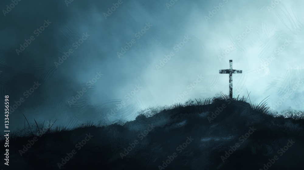 A somber depiction of a religious cross standing atop a grassy hill in a misty landscape, conveying themes of faith. A somber depiction of a religious cross standing atop a grassy hill in a misty landscape, conveying themes of faith.