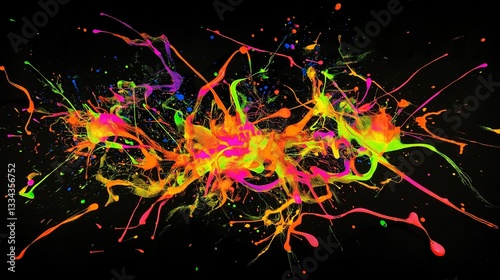 abstract splatter of bright neon paint on a dark matte background