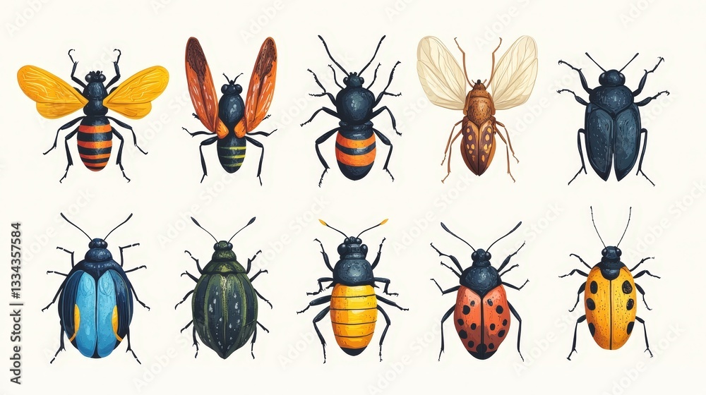 Vibrant beetles in a symmetrical display! Detailed illustration showcases a colorful array of patterns and textures Vibrant beetles in a symmetrical display! Detailed illustration showcases a colorful array of patterns and textures
