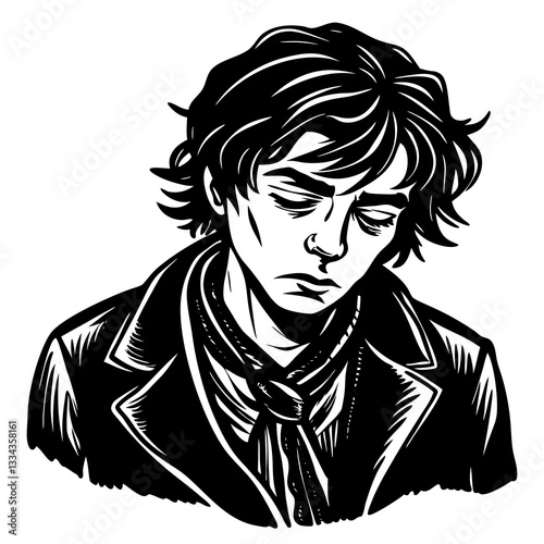 Tired looking person showing sadness in black and white illustration