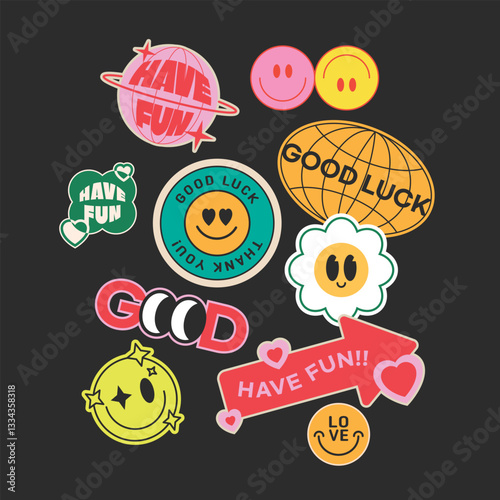 Collection of Colorful and Groovy Stickers with Positive Messages 
Retro. Groovy. Smiley stickers