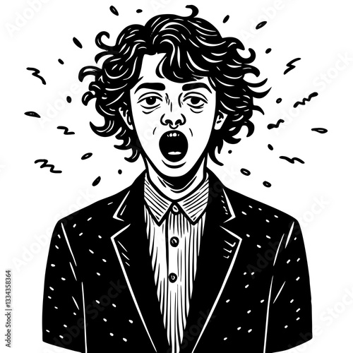 Extroverted person expressing excitement in black and white illustration