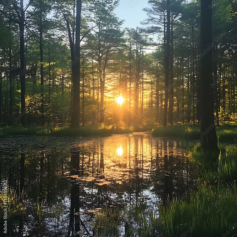 Obraz premium Sunset Reflection in a Forest Pond Tranquil Nature Scene.
