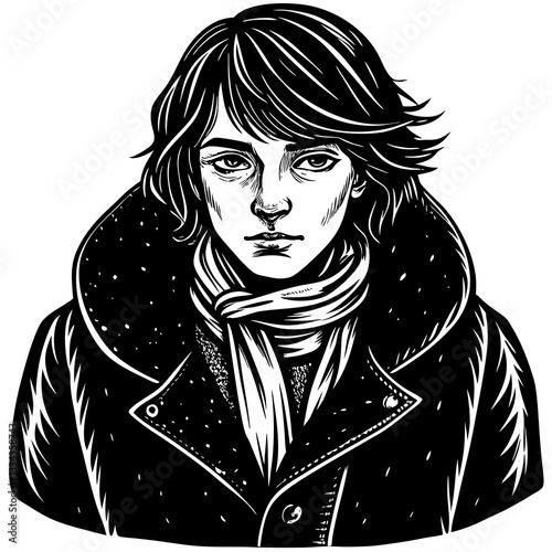 Person in a winter coat looking serious in black and white illustration
