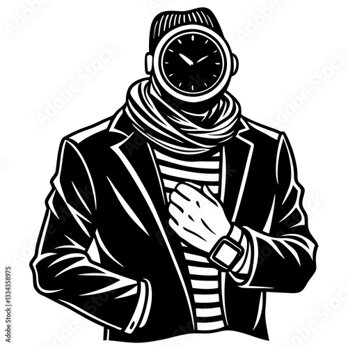 Person wearing a watch with a clock face for a head in a stylish outfit