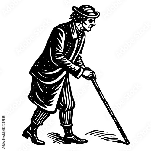 Person with a cane walking in vintage style illustration
